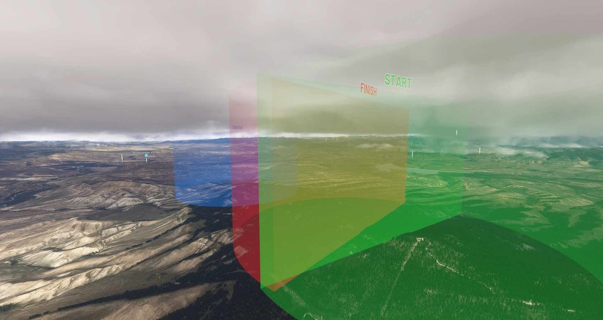 Task start, turn point and finish cylinders in the sky